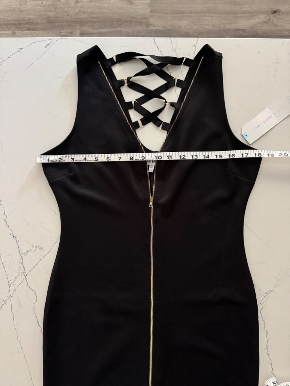 NEW w/ Tag Black Bodycon dress w/gold zipper front & crisscross back Size XLarge - Picture 6 of 9